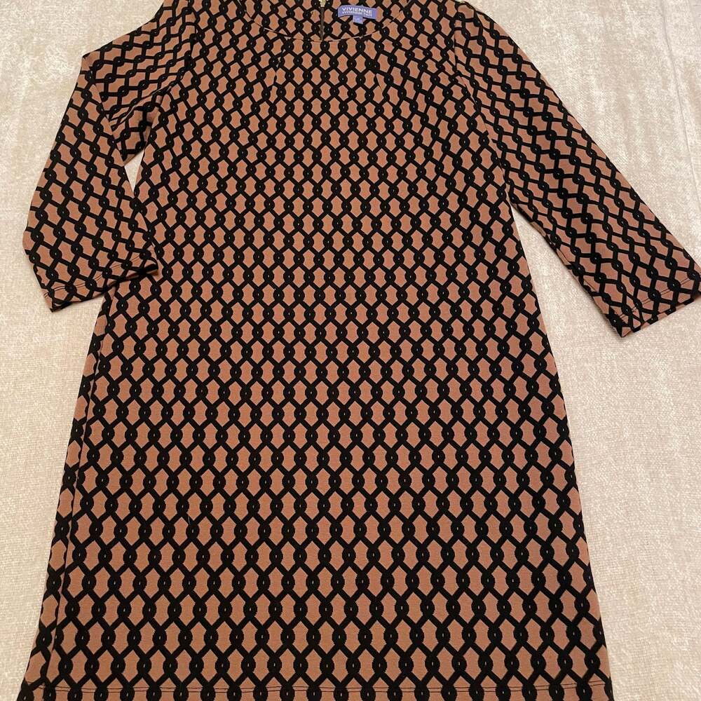 Vivienne Vivienne Tam Shift Dress Black Brown Chain Link 3/4 Sleeve Knit Sz10